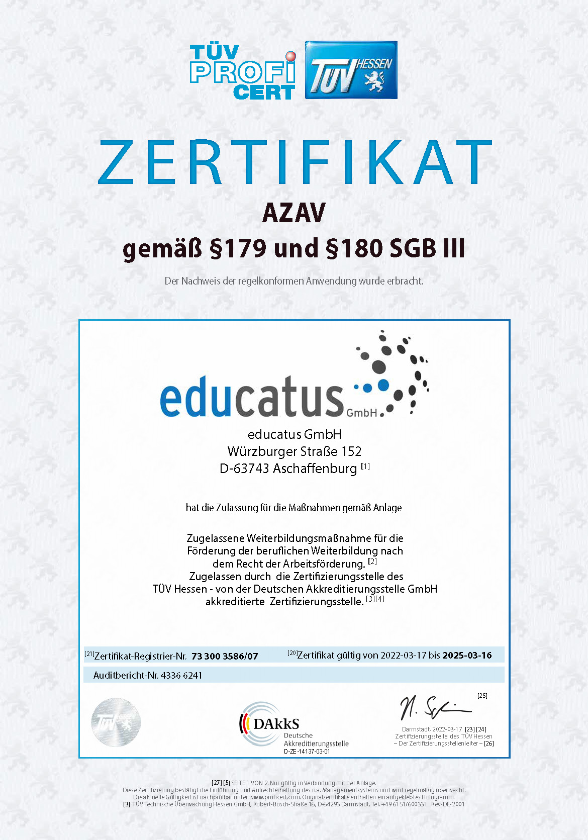 educatus GmbH - Zertifikat TÜV AZAV