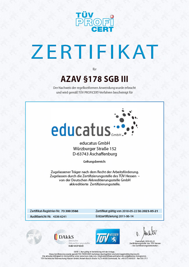 educatus GmbH - Zertifikat TÜV Trägerzulassung