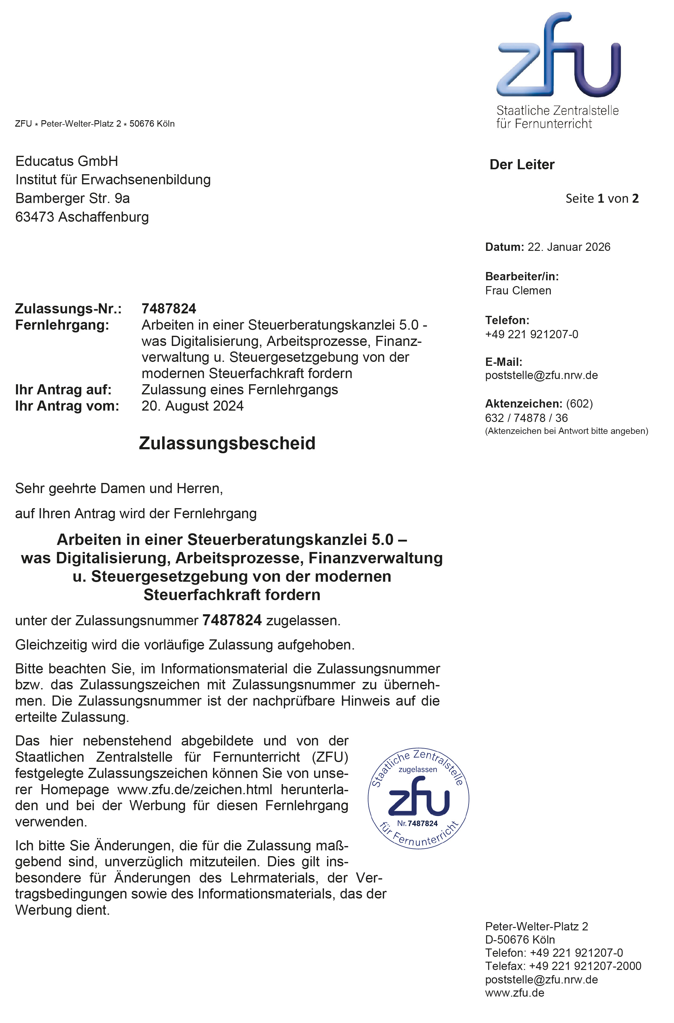 educatus GmbH - Zertifikat TÜV Trägerzulassung